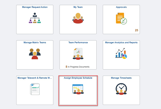 Manager timesheet entry with assign employee schedule tile highlighted