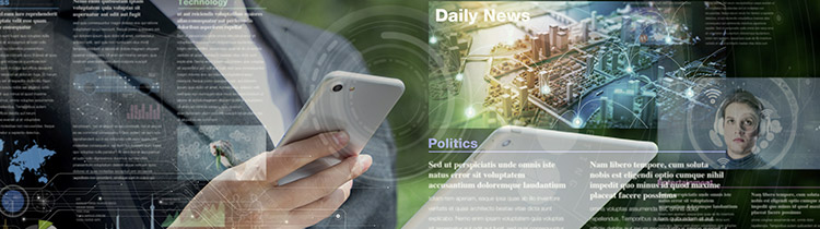A man holding a device with an abstract overlay of what is on his screen, such as news stories, photos, and articles