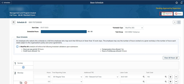 Timesheet entry of base schedule with approve highlighted