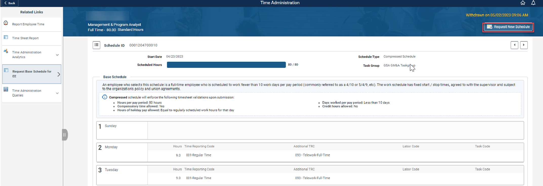 Timesheet entry with request new schedule highlighted