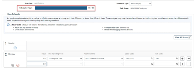 Timesheet entry of base schedule with scheduled hours highlighted