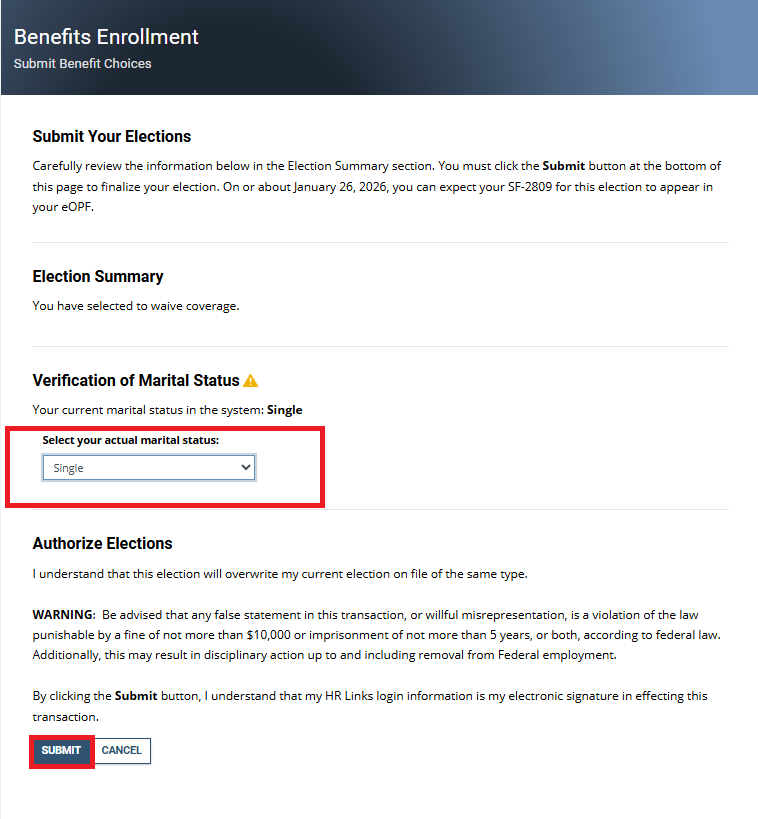 Benefits enrollment page with select your marital status dropdown menu highlighted