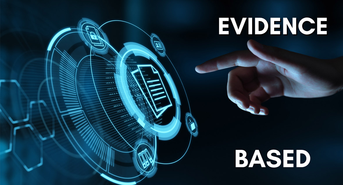 Abstract shot of finger pointing to a futuristic screen, with overlaid text evidence based