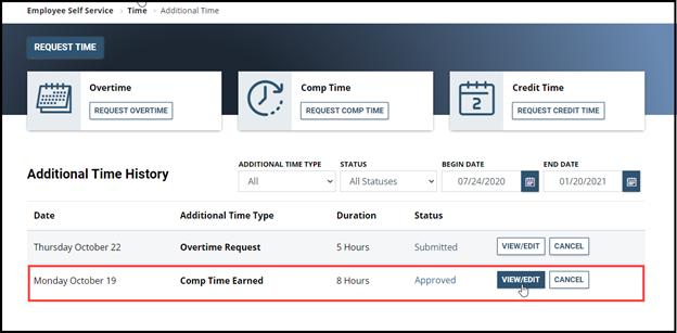 Timesheet entry showing comp timed earned, duration, and status highlighted with mouseover on view/edit button 