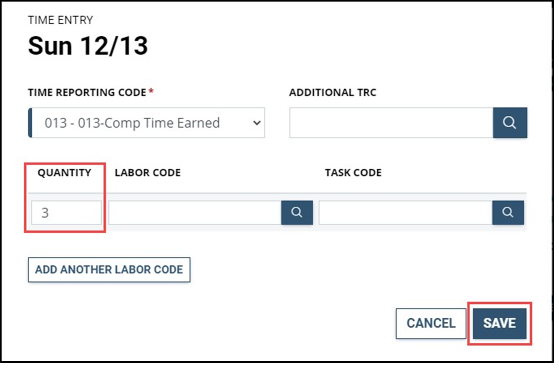 Timesheet entry showing comp time box and save button highlighted