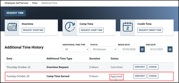Comp time earned entry showing date, duration, status, and approved button highlighted
