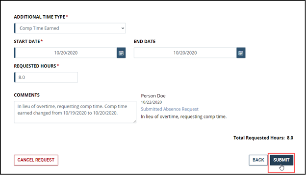 Comp time entry showing submit button highlighted