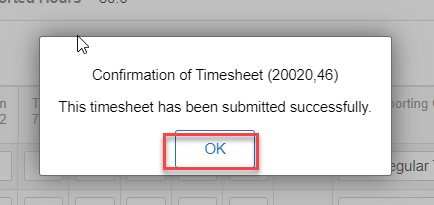 Timesheet entry of confirmation of timesheet submission with OK button highlighted