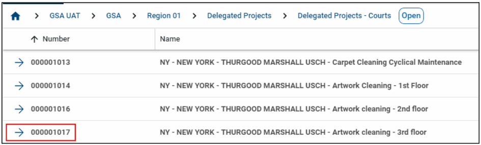 Delegated projects with name and number columns