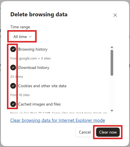 Delete browsing data with all time, browsing history, download history, cookies, and cached images and files highlighted 