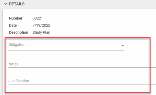Details box with obligation, notes, and justification highlighted