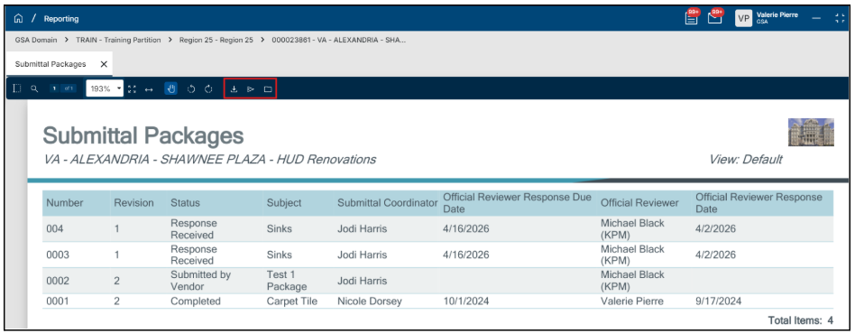 Report preview screen with download, send, and save to Kahua options highlighted