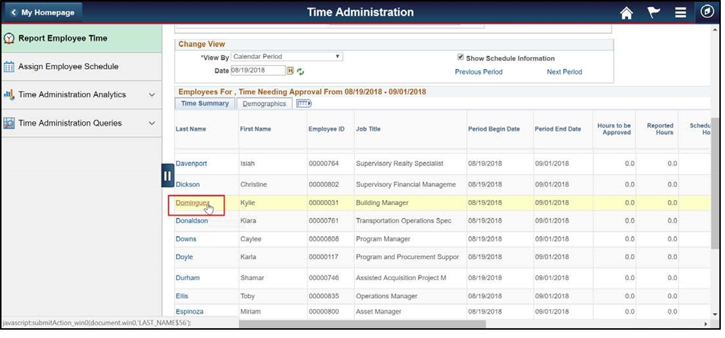 Timesheet entry of a list of employees with one employee selected