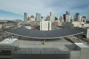 Solar array on the roof of the parking garage adj
