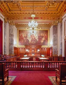 Interior shot of a Metzenbaum courtroom with art