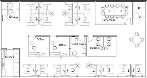 A floor plan layout diagram of a small office space. In the center are two offices, a quiet room, and a huddle room. Surrounding this inner center area, there is a storage room, conference room, IT room, a kitchen, and various workspaces.