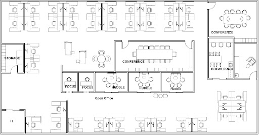 A floor plan layout diagram of an office space. In the center are several conference and focus rooms of varying sizes. Surrounding this inner center area, there is a storage room, a conference room, a break room, an IT room, and various workspaces.