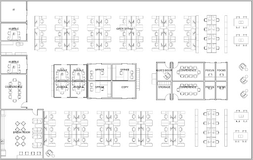 A floor plan layout diagram of a large office space. In the center are four huddle rooms, three offices, a copy room, a quiet room, a storage room, two conference rooms, and four focus rooms. Surrounding this inner center area, there are many workspaces, an IT room, two huddle rooms, a conference room, and a break room.