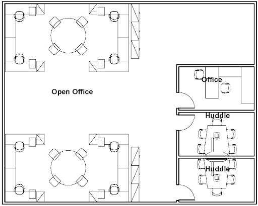 A floor plan layout diagram of a very small office space. There is one private office and two huddle rooms on one side. The rest is an open office layout with several workspaces.
