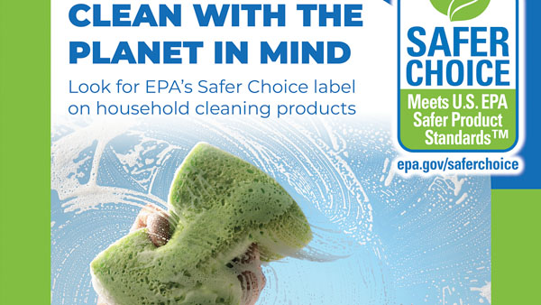 Promotional image highlighting epa’s safer choice label on environmentally friendly cleaning products, featuring a sponge and soap bubbles.