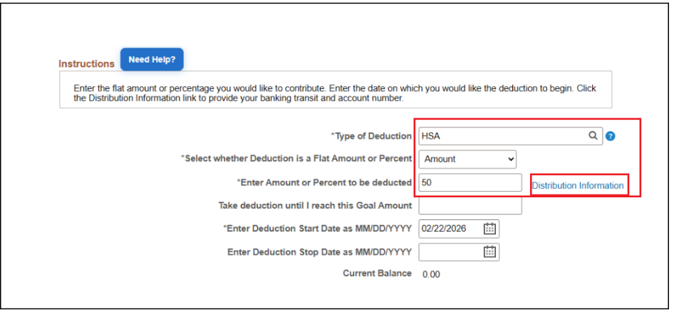 HSA distribution information with fields highlighted