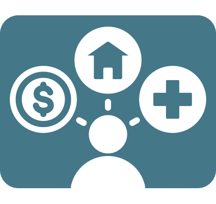 Icon of a person with three circles around their head, one with a dollar sign, one with a house, one with a medical symbol