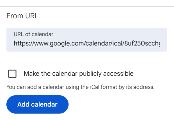 From URL section with URL of calendar field and add calendar button