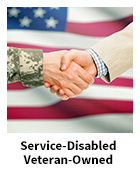 Service-Disabled Veteran-Owned slide with a veteran and a civilian shaking hands in front of an American flag