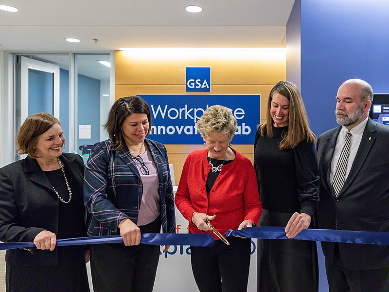 GSA leaders opening the Workplace Innovation Lab during a ribbon cutting ceremony.