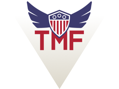 TMF logo with a shield containing three gears and vertical red stripes and wings extending on each side of the shield