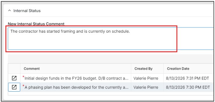 Internal status dialog box with the new internal status comment field highlighted