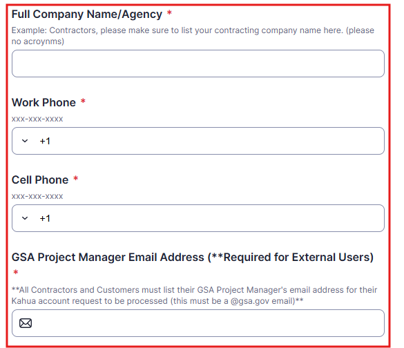 Kahua form with company, work phone, cell phone, and GSA project manager email address fields highlighted