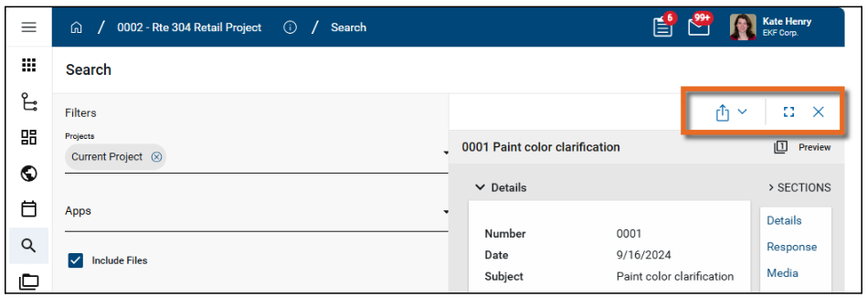 Kahua search options copy, open in a new window, maximize, minimize, and close