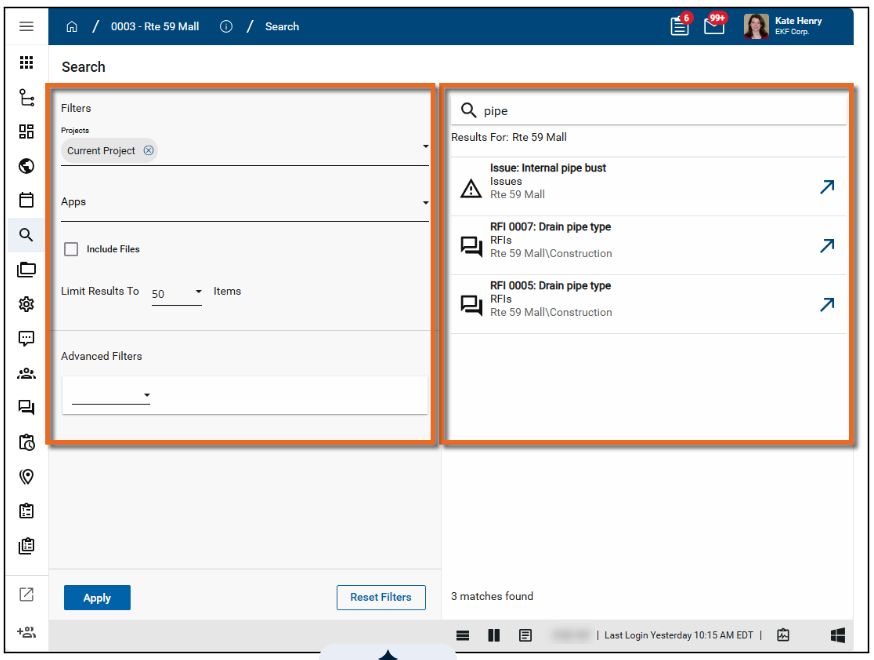 Kahua search app search page with filters highlighted