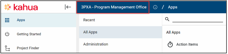 Kahua screen displaying the selected partition