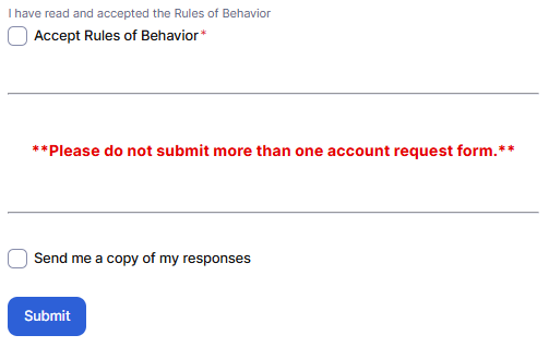 Kahua submission screenshot with submit button, boxes to check for accepting rules of behavior and sending a copy of response, and an alert.