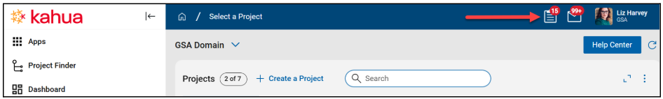 Kahua menu with an arrow pointing to the task icon