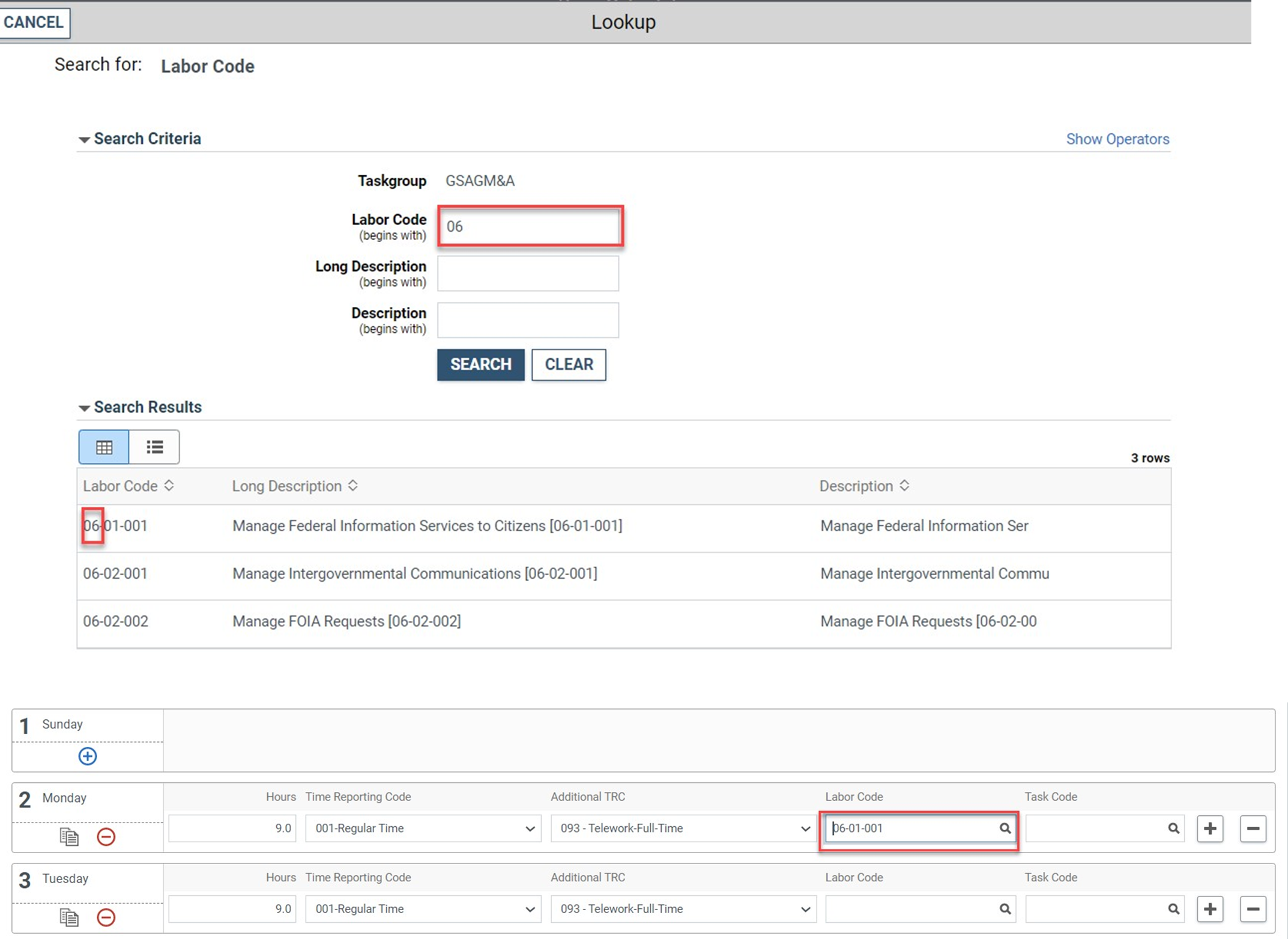 Timesheet entry with labor code lookup field highlighted