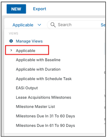 Log view dropdown list with applicable highlighted