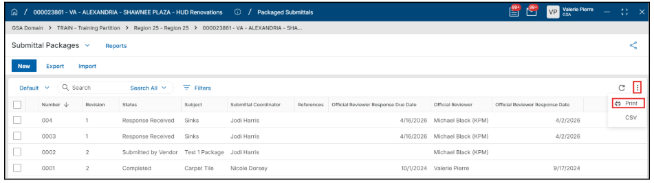Log view with three dots and print icon highlighted