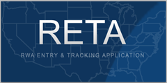 Logo with white text RETA, RWA Entry and Tracking Application, on a dark blue background with an outline map of the United States