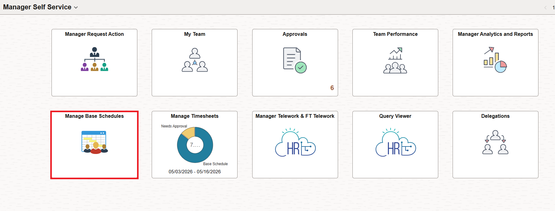 Manage base schedules tile highlighted under manager self service