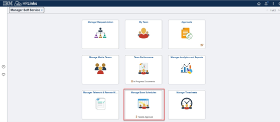 Timesheet entry with manage base schedules tile highlighted