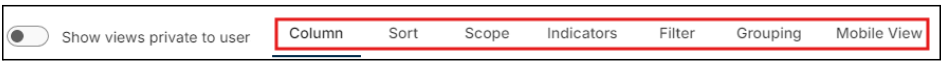 Manage views tab with column, sort, scope, indicators, filter, group, and mobile view highlighted