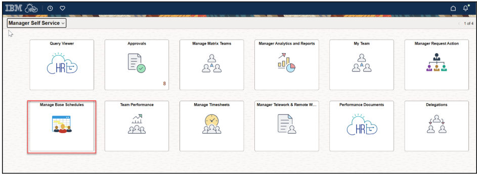 Manager self service menu with manage base schedules tile highlighted
