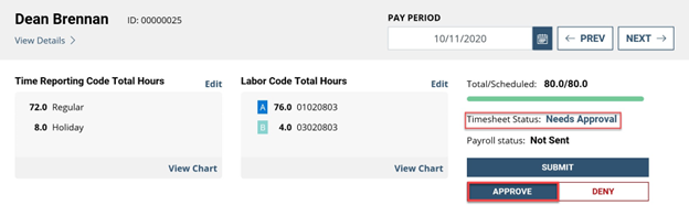 Timesheet entry with timesheet status needs approval and approve button highlighted
