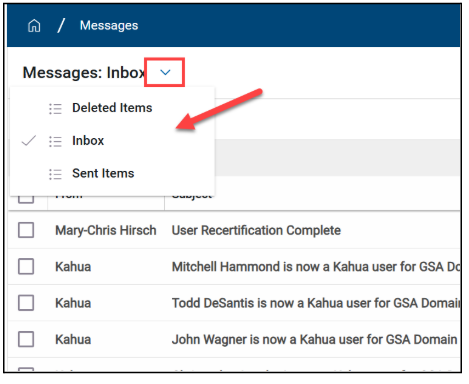Message inbox with dropdown highlighted and arrow pointing to deleted item, inbox, and sent items