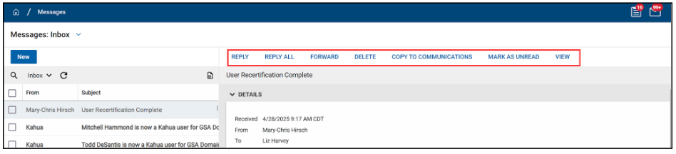 Messages inbox with options for reply, reply all, forward, delete, copy, mark as unread, and view highlighted