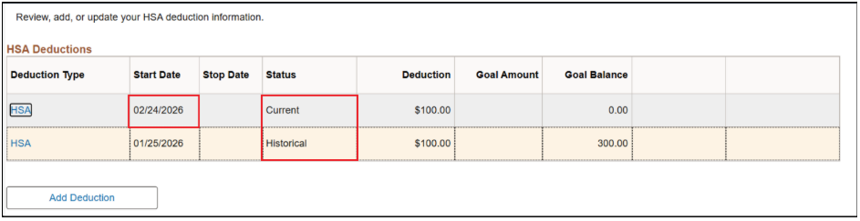 Modify HSA deduction with date and status highlighted