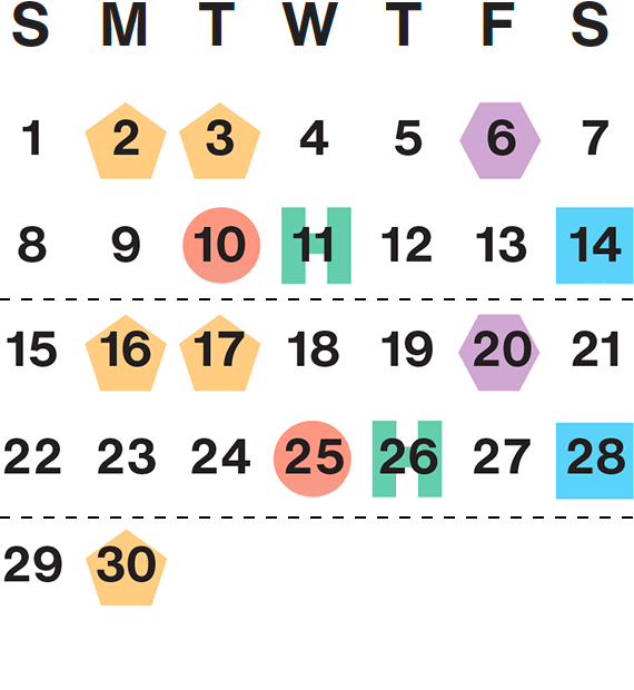 November 2026 calendar month grid with columns for Sunday to Saturday, Nov 1 on Sun first row, and Nov 30 on Mon fifth row
